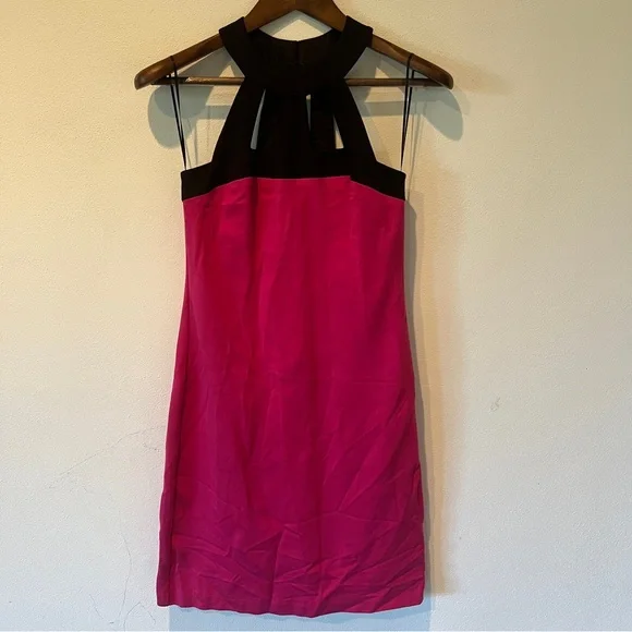 Trina Turk Cage Neck Sleeveless Color Block Black and Pink Midi Dress - Picture 2 of 10